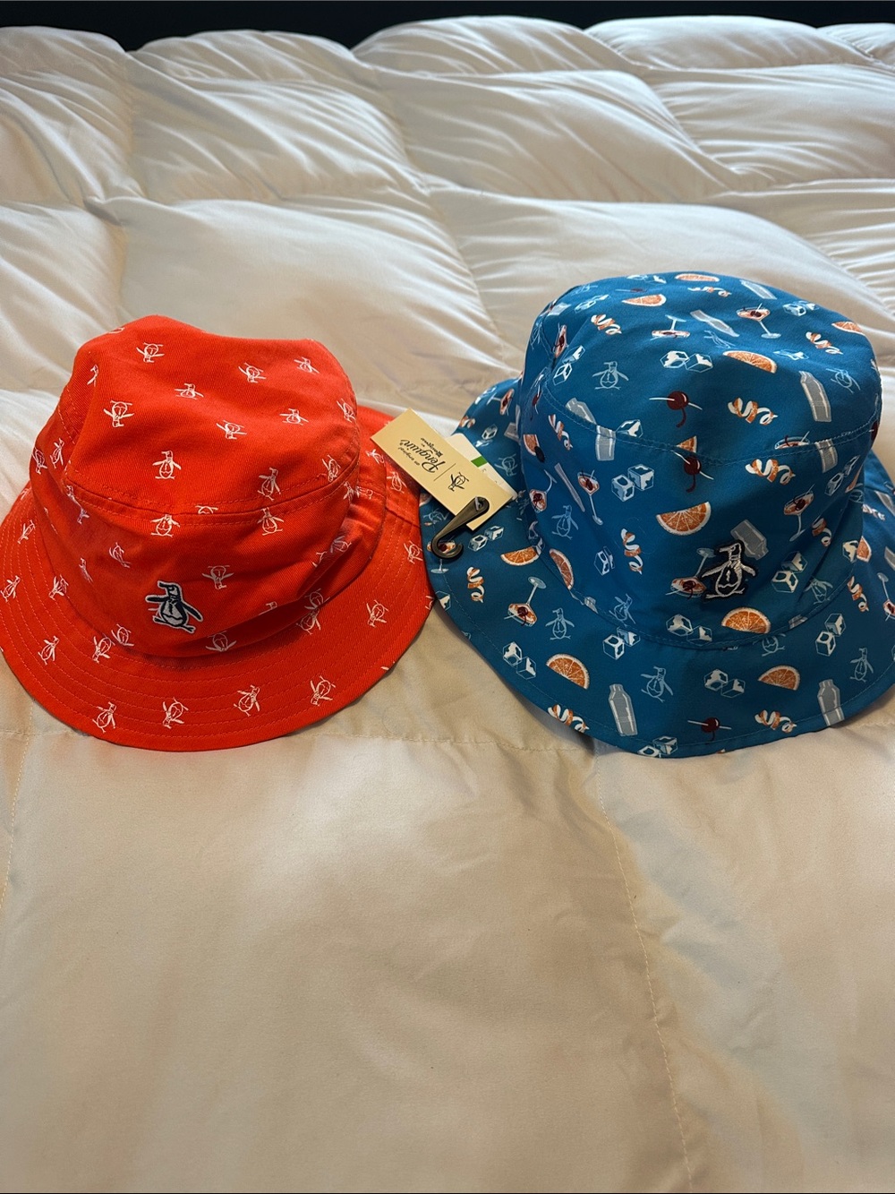 Original Penguin Mens Dual-Print Bucket Hats in Red and Blue